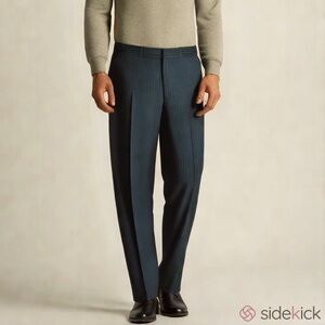 80s WOOL NAVY PINSTRIPE RETRO HIGH WAISTED FLARE WIDE LEG TROUSERS SZ 38 W X 45L